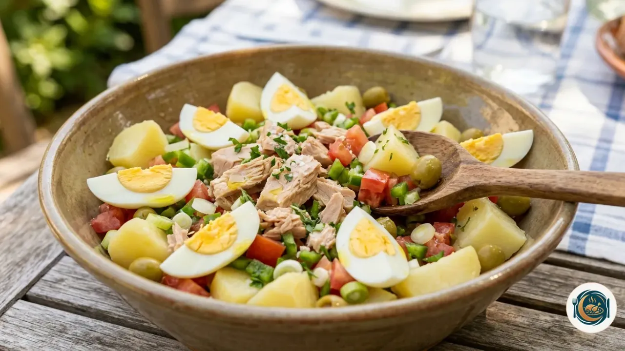 Ensalada campera con dados de patata, huevo cocido, atún, tomate y aceitunas
