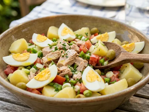 Ensalada campera con dados de patata, huevo cocido, atún, tomate y aceitunas
