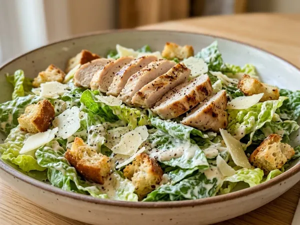 Ensalada César casera con lechuga romana, tiras de pollo, picatostes y virutas de parmesano