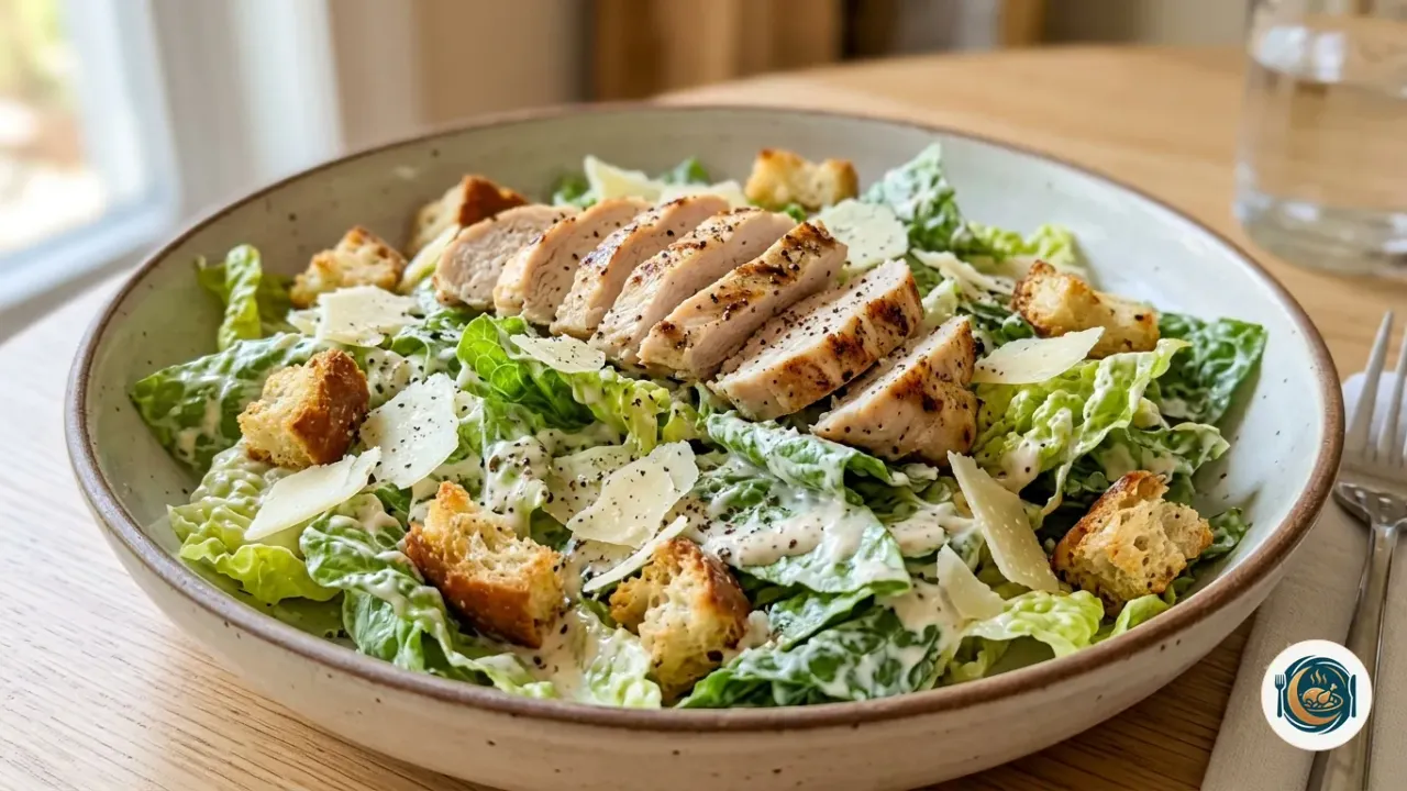 Ensalada César casera con lechuga romana, tiras de pollo, picatostes y virutas de parmesano