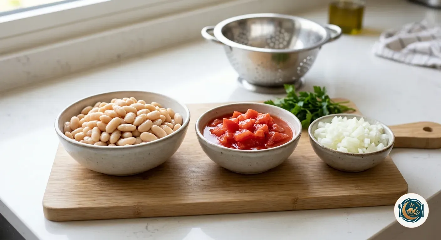 Alubias blancas escurridas junto a tomate y cebolla picados