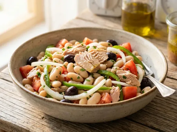 Ensalada de alubias blancas con atún, tomate y cebolla en un bol hondo