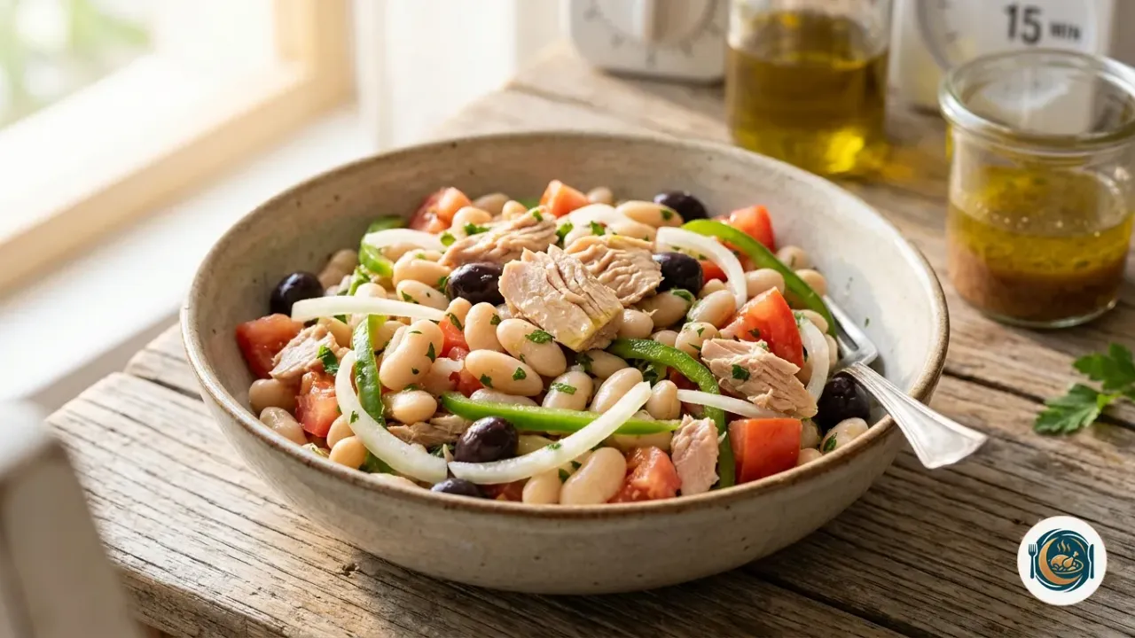 Ensalada de alubias blancas con atún, tomate y cebolla en un bol hondo