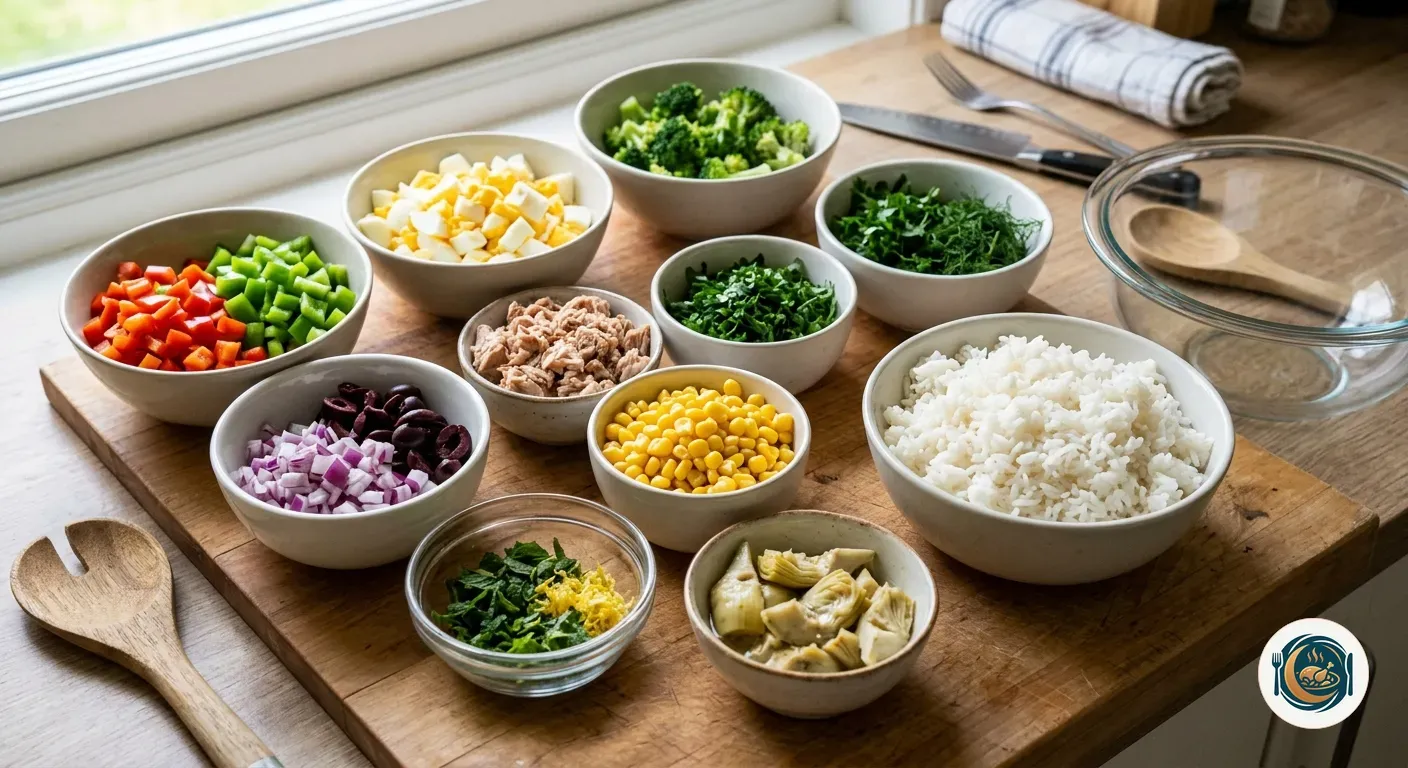 Ingredientes de la ensalada de arroz cortados en cuencos antes de mezclar
