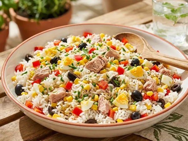 Ensaladera con ensalada de arroz, atún, huevo cocido, maíz y aceitunas negras