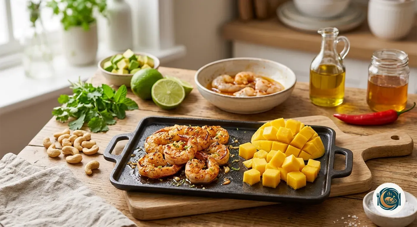 Gambas a la plancha con dados de mango antes de aliñar