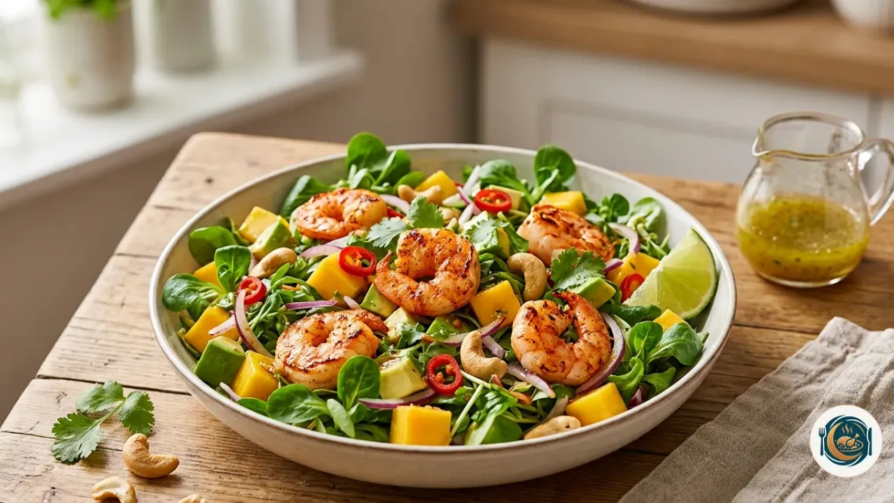 Ensalada de gambas a la plancha con dados de mango, aguacate y chile rojo