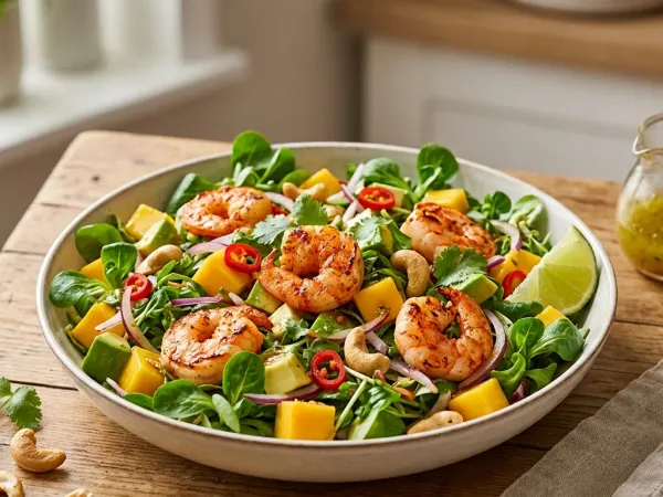Ensalada de gambas a la plancha con dados de mango, aguacate y chile rojo