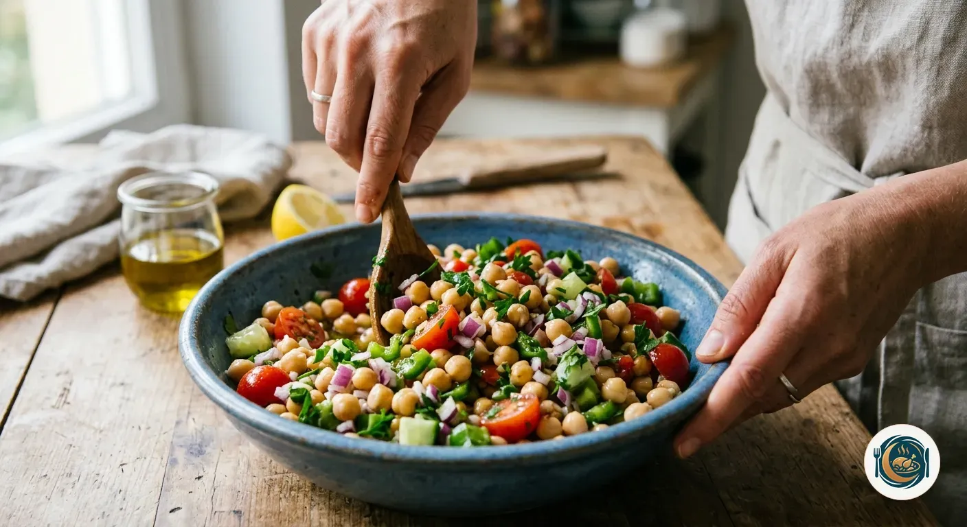 Manos mezclando garbanzos, tomate y cebolla morada en un bol con aliño de aceite