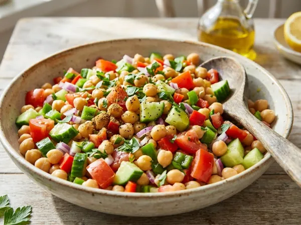 Bol de ensalada de garbanzos con tomate, pepino, cebolla morada y perejil