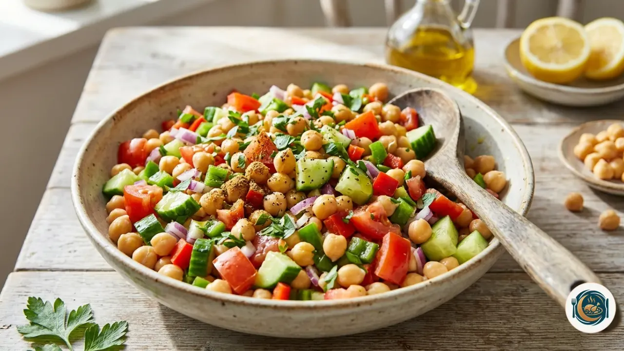 Bol de ensalada de garbanzos con tomate, pepino, cebolla morada y perejil