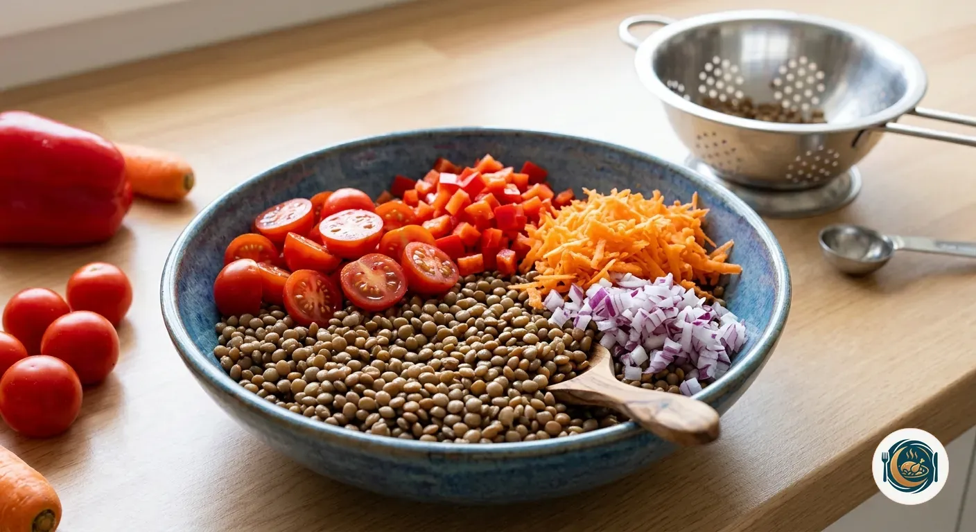 Bol de ensalada de lentejas con la verdura cortada antes de aliñar