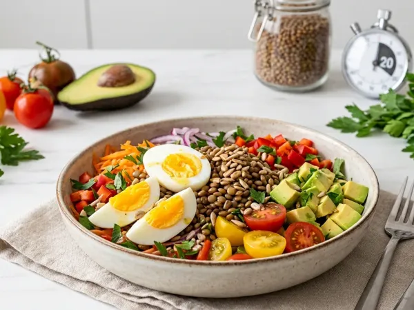 Ensalada de lentejas con huevo cocido, aguacate y tomate cherry en un bol