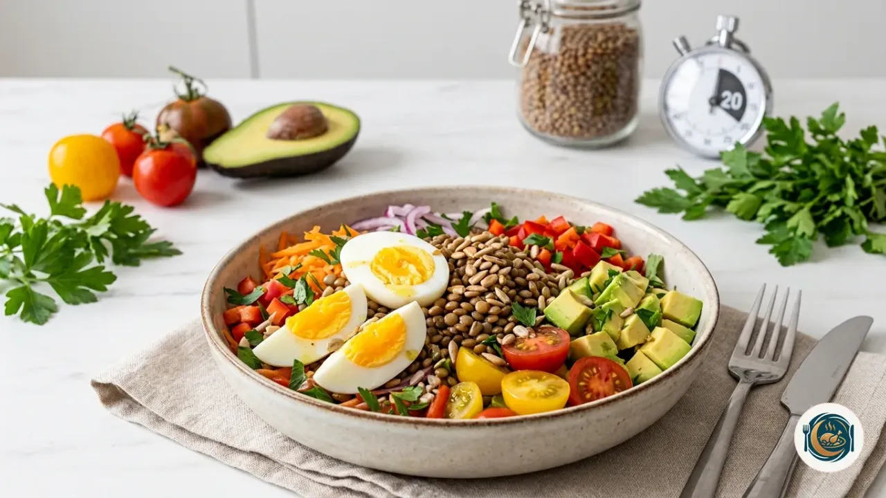 Ensalada de lentejas con huevo cocido, aguacate y tomate cherry en un bol