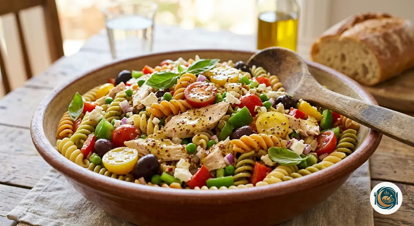 Ensalada de pasta recién aliñada con la vinagreta de mostaza en un bol grande