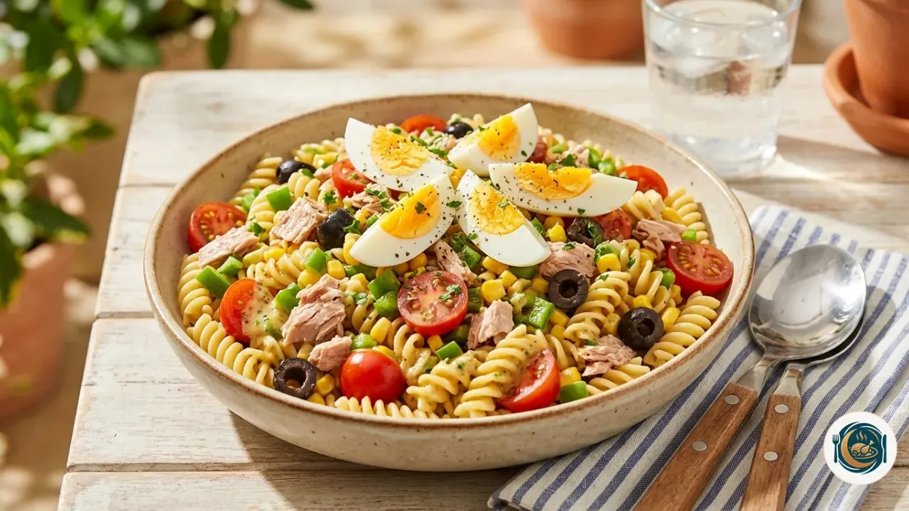 Ensalada de pasta con atún, tomate cherry, huevo y aceitunas en una ensaladera