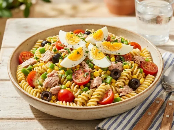 Ensalada de pasta con atún, tomate cherry, huevo y aceitunas en una ensaladera