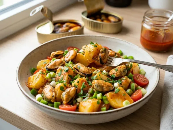 Ensalada de patata con mejillones en escabeche, cebolleta y pimiento verde