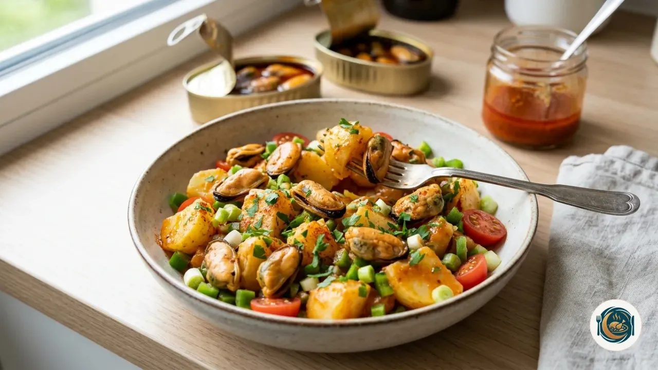 Ensalada de patata con mejillones en escabeche, cebolleta y pimiento verde