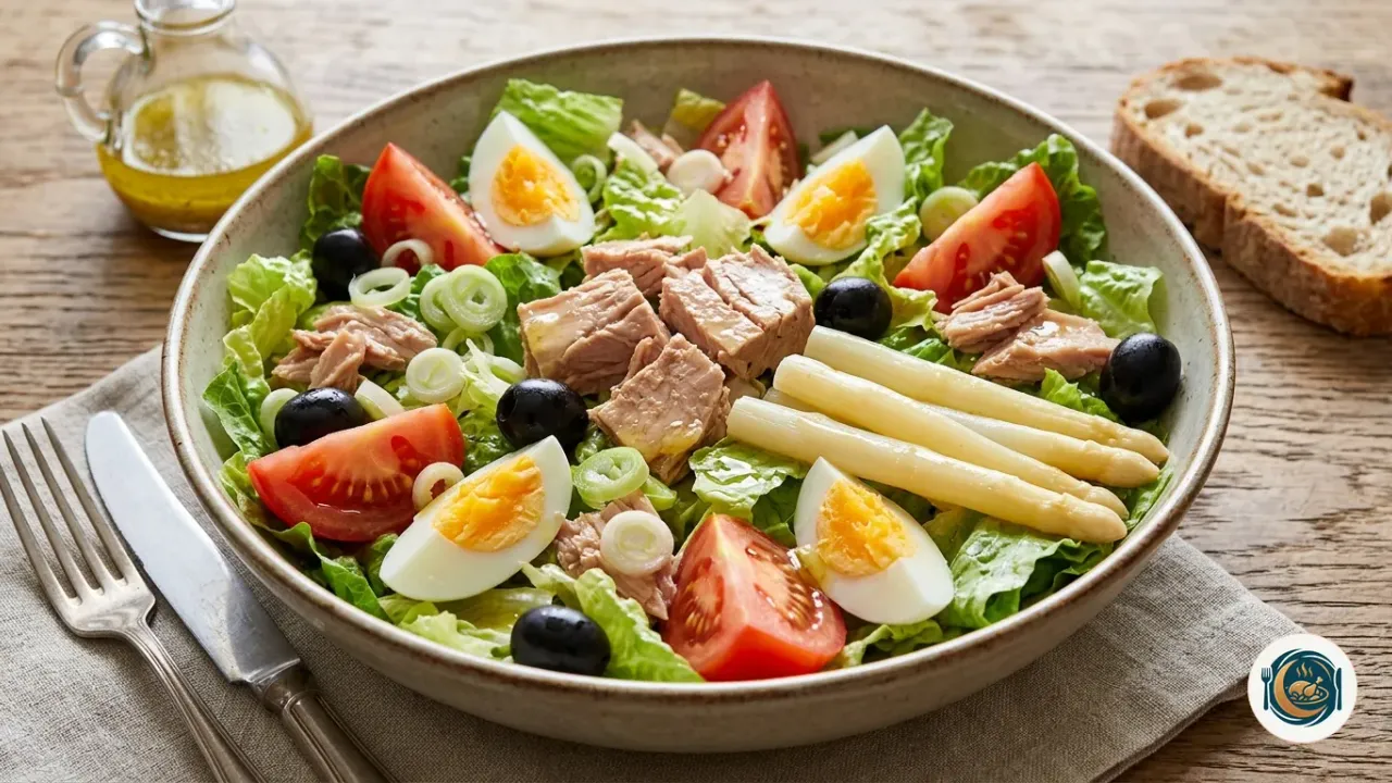 Ensalada mixta en fuente con lechuga, tomate, cebolla, atún, huevo duro y aceitunas