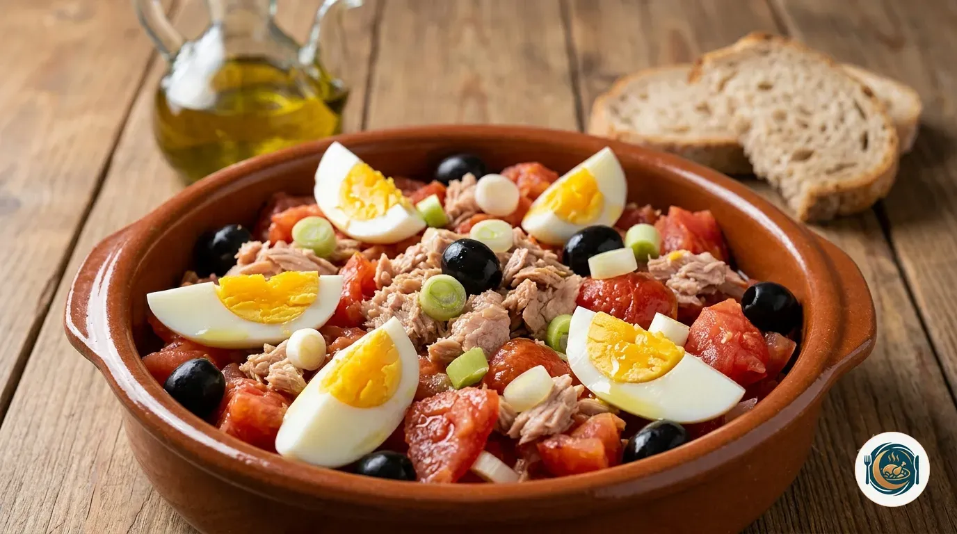 Ensalada murciana recién aliñada con aceite de oliva en fuente de barro