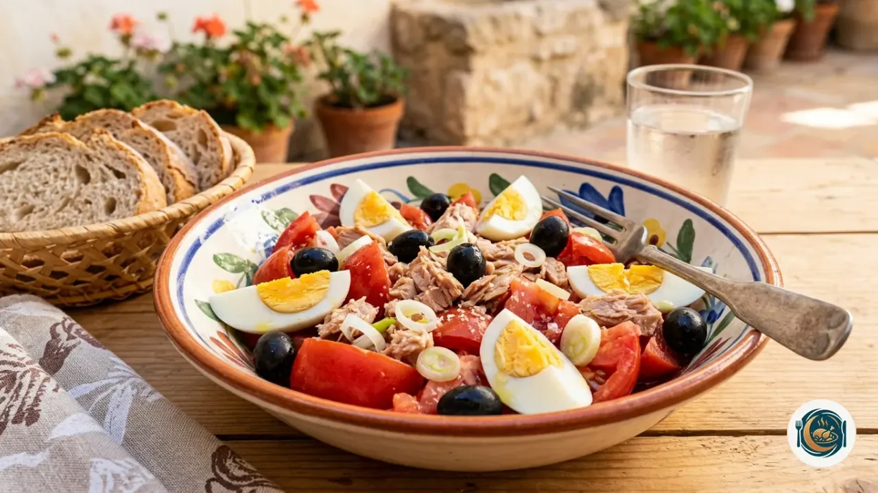 Ensalada murciana con tomate en conserva, atún, huevo duro y aceitunas negras