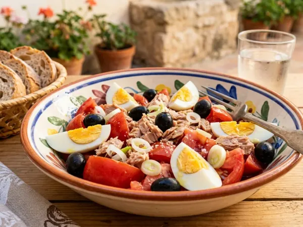 Ensalada murciana con tomate en conserva, atún, huevo duro y aceitunas negras