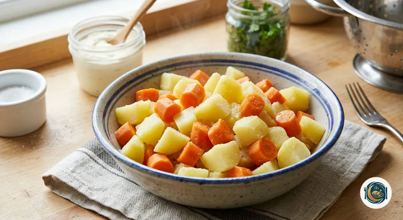 Dados de patata y zanahoria cocidos en un bol, listos para mezclar con la mayonesa