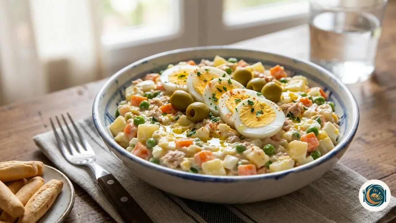 Ensaladilla rusa cremosa con patata, zanahoria, guisantes, atún y huevo cocido