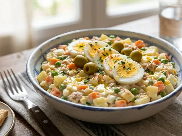 Ensaladilla rusa cremosa con patata, zanahoria, guisantes, atún y huevo cocido