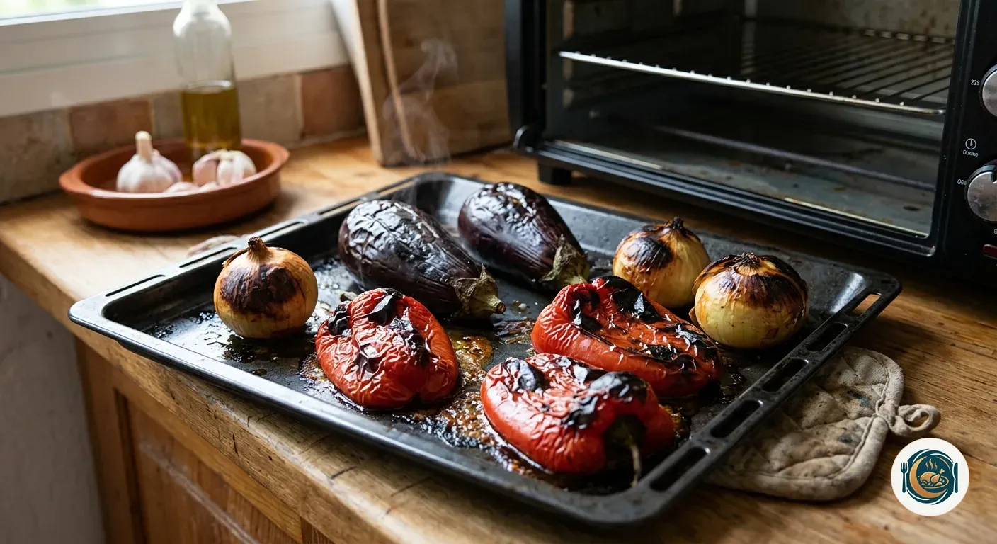 Bandeja de horno con berenjenas, pimientos y cebollas enteras recién asadas para escalivada