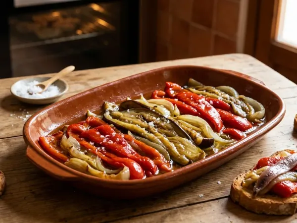 Fuente de escalivada con tiras de berenjena, pimiento rojo y cebolla asadas
