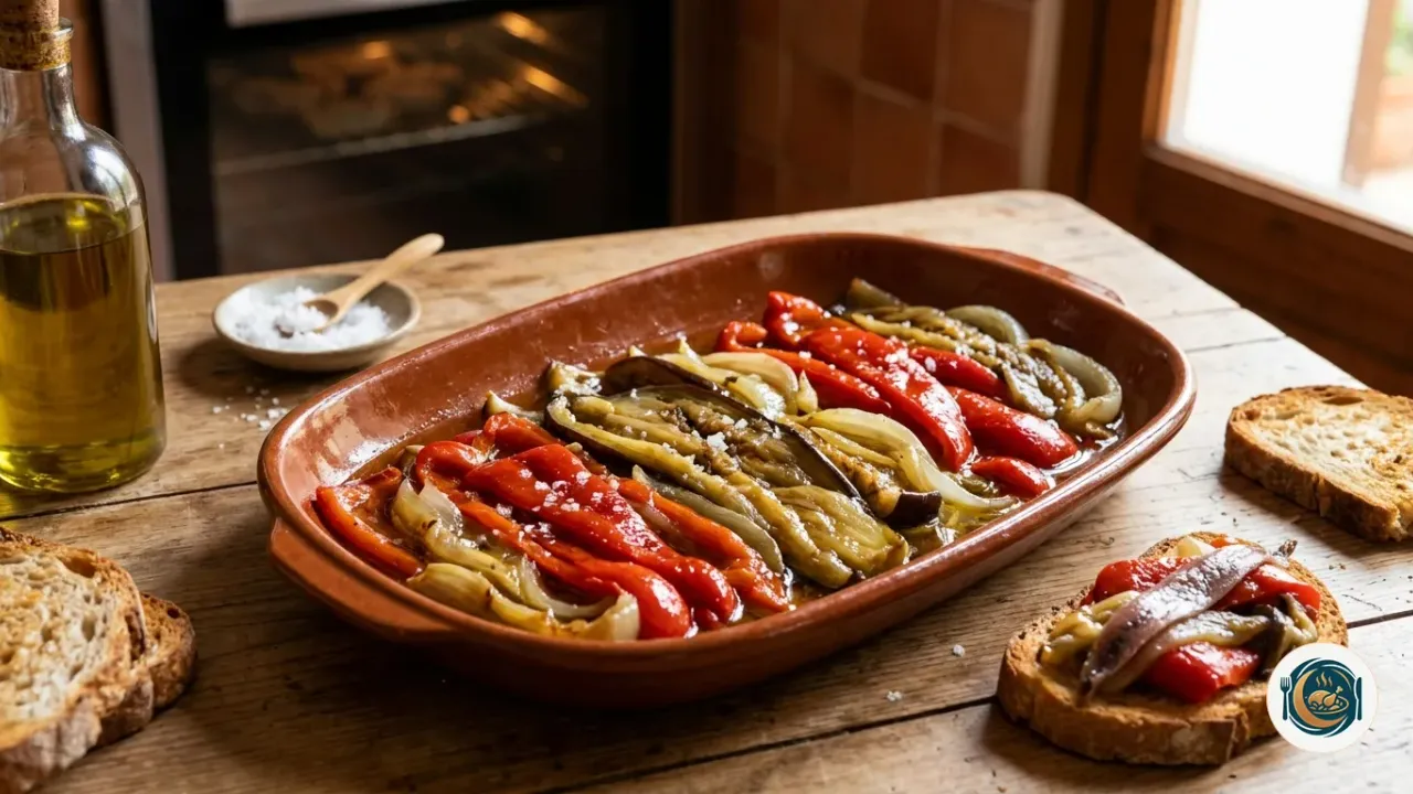 Fuente de escalivada con tiras de berenjena, pimiento rojo y cebolla asadas