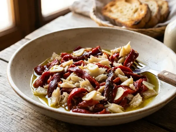 Plato de esgarraet valenciano con tiras de pimiento asado y bacalao