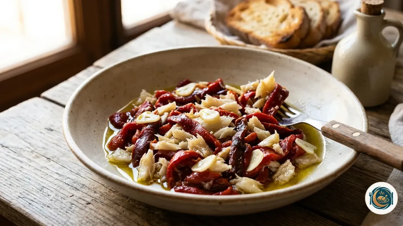 Plato de esgarraet valenciano con tiras de pimiento asado y bacalao