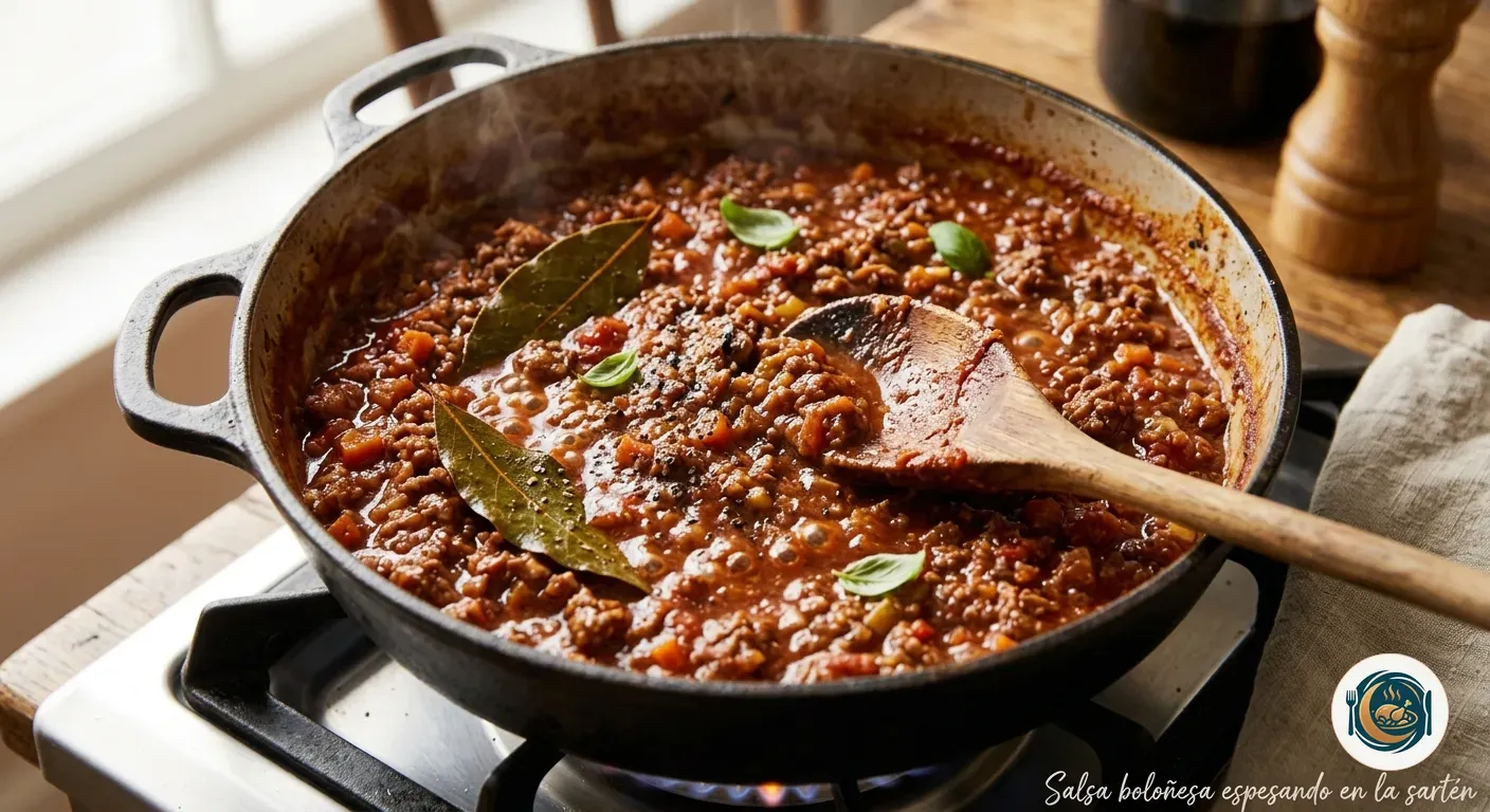 Salsa boloñesa espesando en la sartén