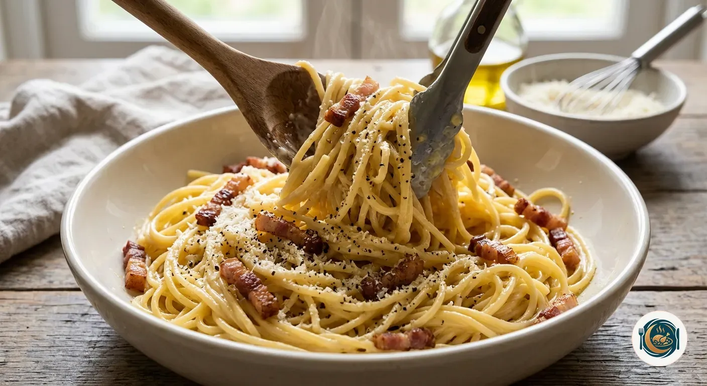 Espaguetis a la carbonara mezclándose con la crema de huevo y queso