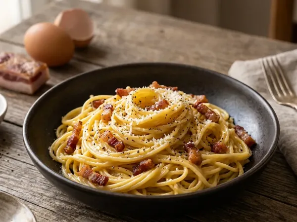 Espaguetis a la carbonara cremosos con panceta dorada y pimienta negra recién molida