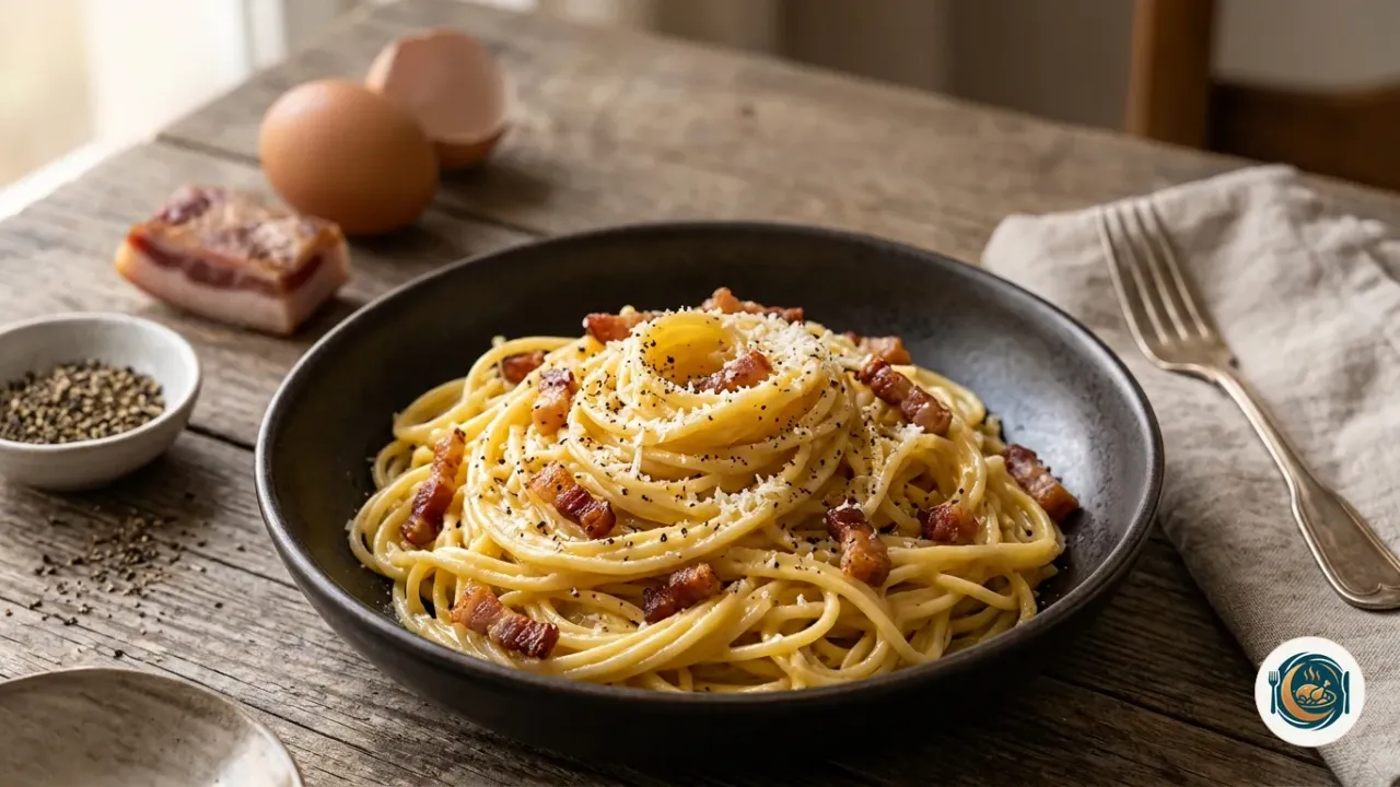 Espaguetis a la carbonara cremosos con panceta dorada y pimienta negra recién molida