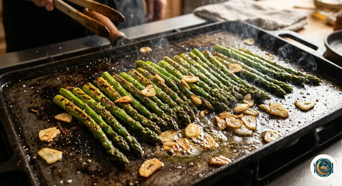 Espárragos verdes dorándose en una plancha caliente con ajo laminado