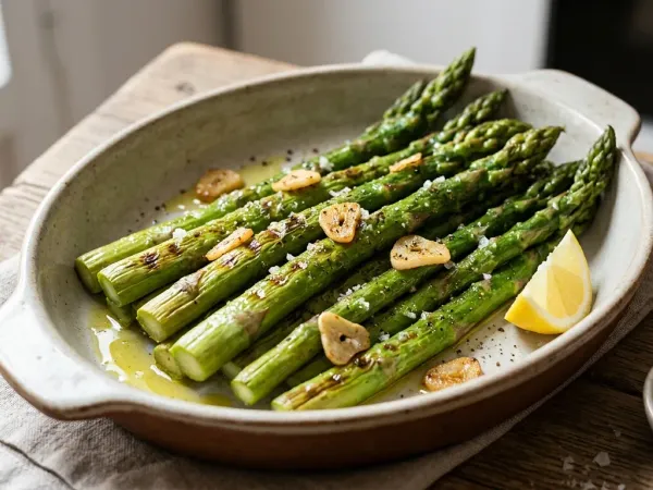 Espárragos verdes a la plancha dorados con ajo laminado y sal en escamas en una fuente