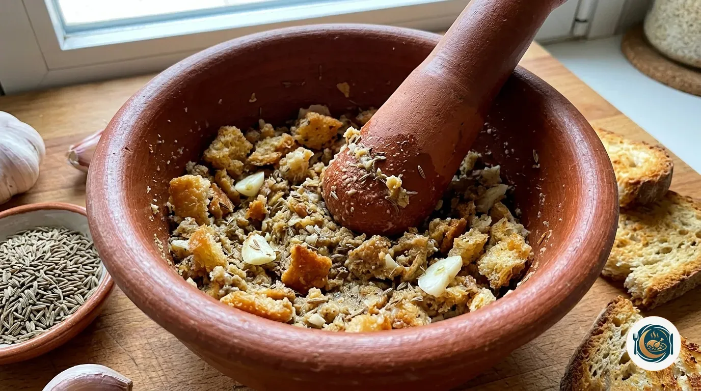 Majado de pan frito, ajo y comino en un mortero de barro