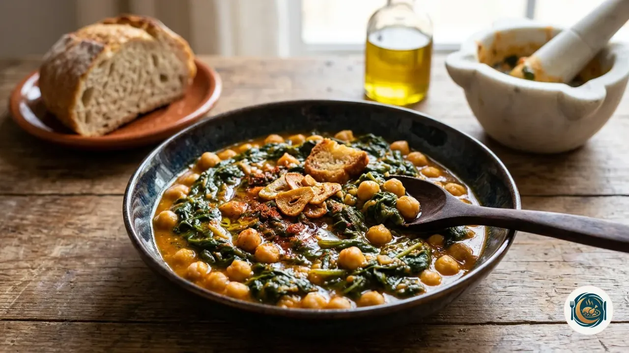 Plato de espinacas con garbanzos guisados con ajo y pimentón