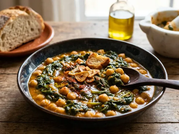 Plato de espinacas con garbanzos guisados con ajo y pimentón