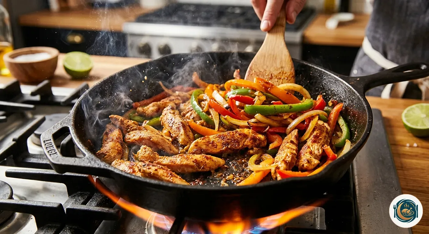 Fajitas de pollo con pimientos y cebolla salteándose en una sartén a fuego fuerte