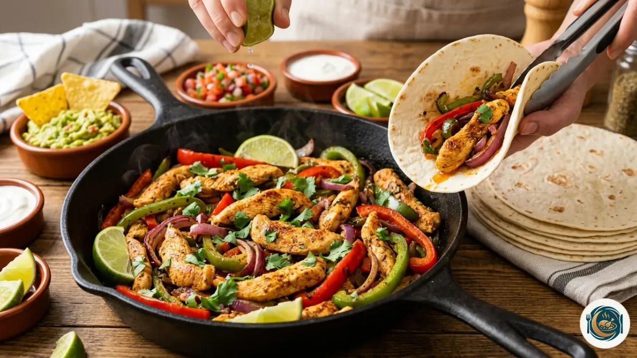 Fajitas de pollo con tiras de pollo dorado, pimientos rojos y cebolla servidas con tortillas de trigo