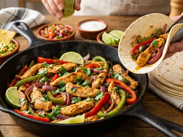 Fajitas de pollo con tiras de pollo dorado, pimientos rojos y cebolla servidas con tortillas de trigo