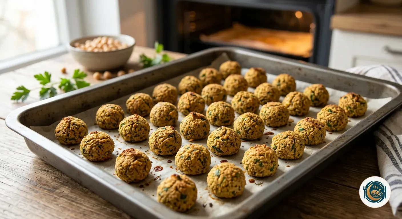 Bolas de falafel crudas colocadas sobre la bandeja del horno