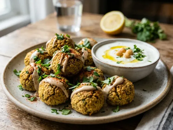 Falafel al horno dorado con salsa de yogur y tahini en un plato