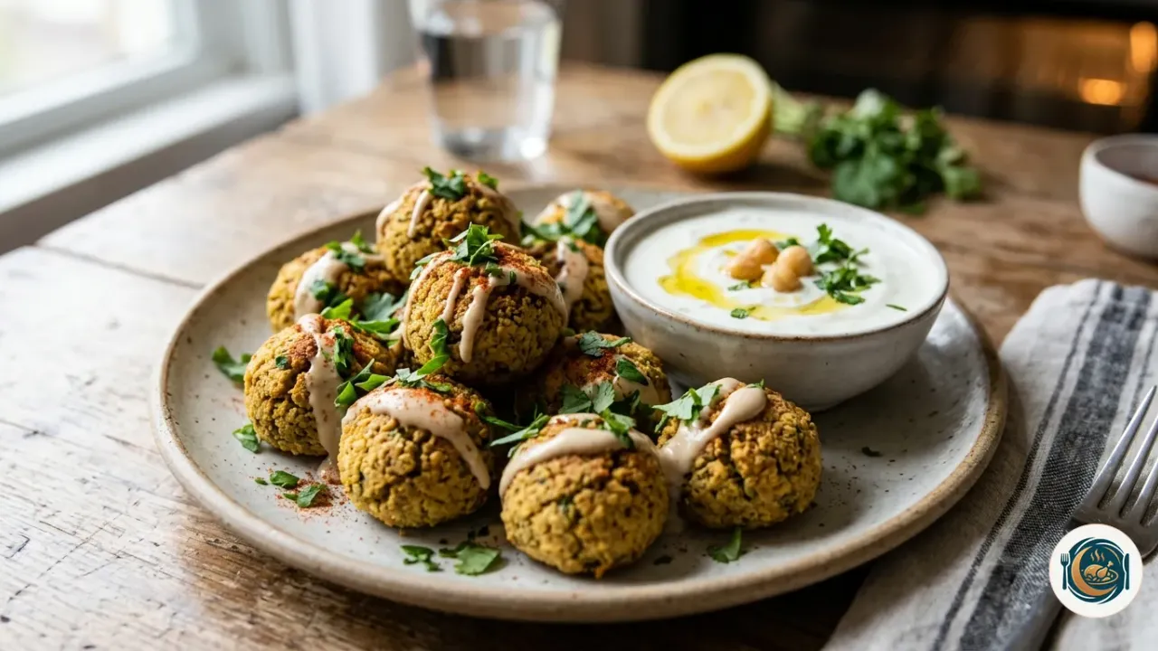 Falafel al horno dorado con salsa de yogur y tahini en un plato